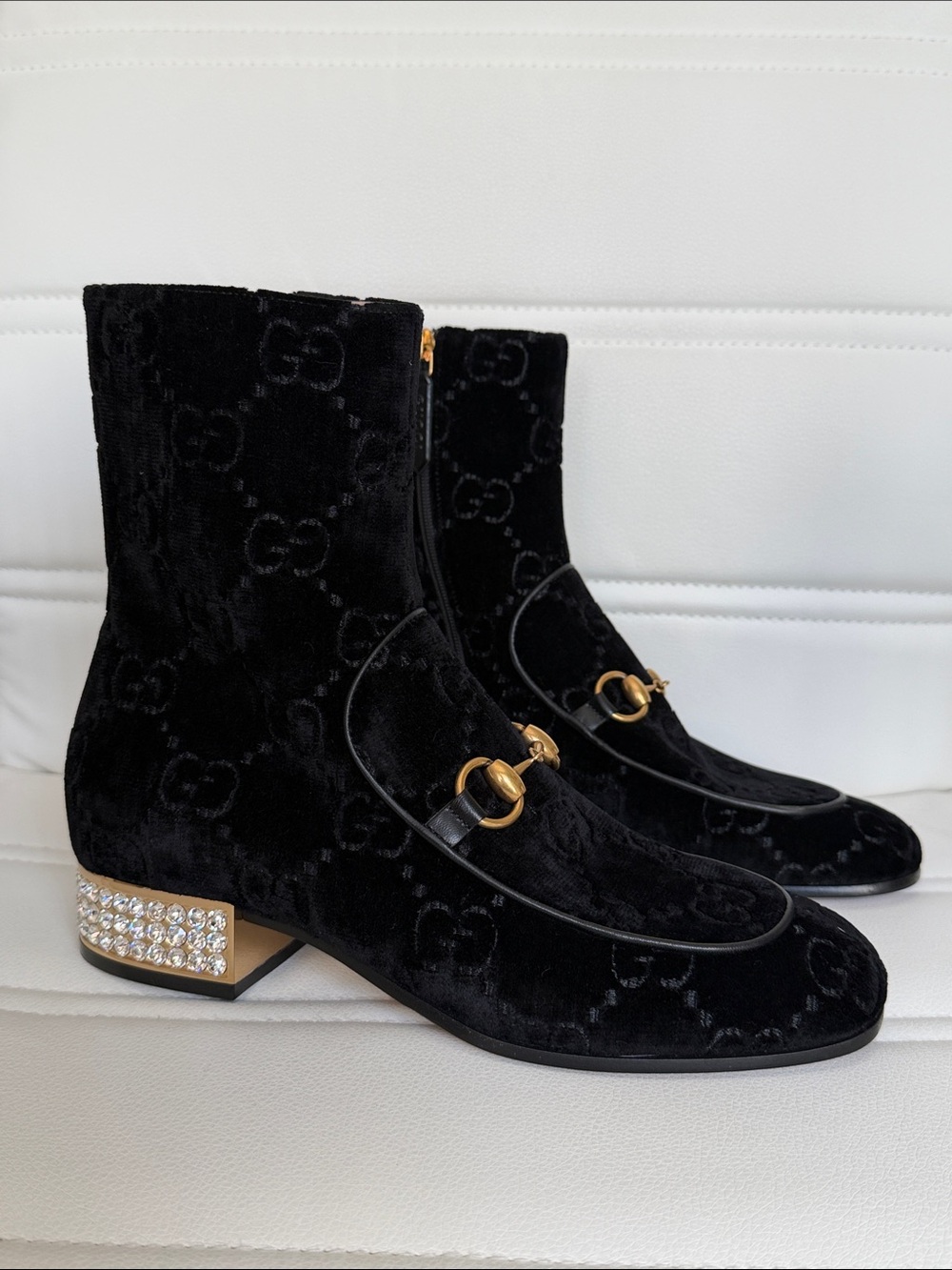 Gucci Black Velvet Crystal Block Heel Horsebit Ankle Boots